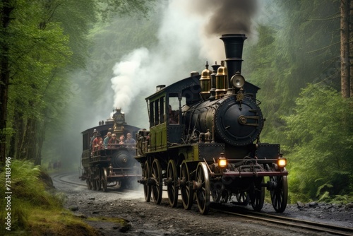 A train makes its way through a dense, vibrant green forest, blending harmoniously with nature, Traditional steam engine pulling a trail of wagons, AI Generated