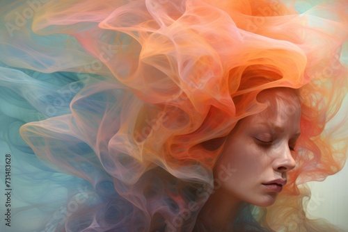 Vibrant digital artwork showcasing a woman with beautifully colored hair, Translucent layers of colors symbolizing the complex human psyche, AI Generated