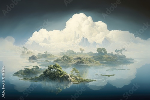 Painting of Island in Ocean, Serene Tropical Beauty With Flourishing Vegetation and Tranquil Waters, Translucent layers of cloud computing depicted as floating islands, AI Generated