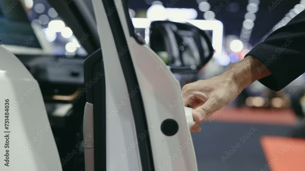 Potential Buyer Opening the Car Door in Auto Salon to Look what is Inside. Businessman Choosing His Preferred Automobile and Unlocking the Door to See the Salon. Close Up. Sales Concept Potential Buyer Opening the Car Door in Auto Salon to Look what is Inside. Businessman Choosing His Preferred Automobile and Unlocking the Door to See the Salon. Close Up. Sales Concept