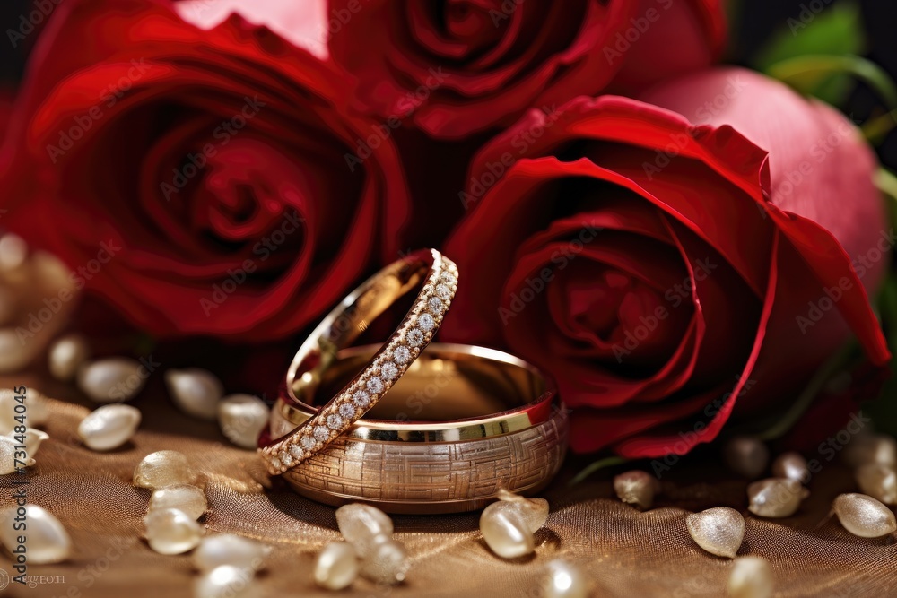 A pair of wedding rings and two red roses placed on a table, symbolizing love and commitment, Two wedding rings nestled in a bouquet of roses, AI Generated A pair of wedding rings and two red roses placed on a table, symbolizing love and commitment, Two wedding rings nestled in a bouquet of roses, AI Generated