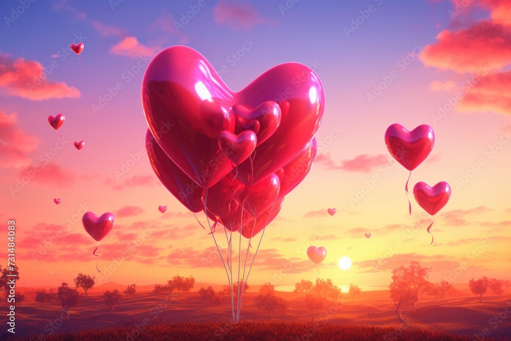 A vibrant bunch of heart shaped balloons floating in the air, creating a festive and joyous atmosphere, Valentine day's love heart balloons in vibrant sunset, AI Generated