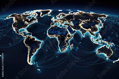 Map of the World With Interconnected Lines, Global Connectivity and Network Routes, Underwater internet cables connecting different continents, AI Generated