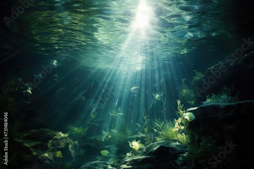 Watch as the sun illuminates the ocean water  creating a beautiful and captivating underwater scene  Underwater scene using abstract elements  AI Generated