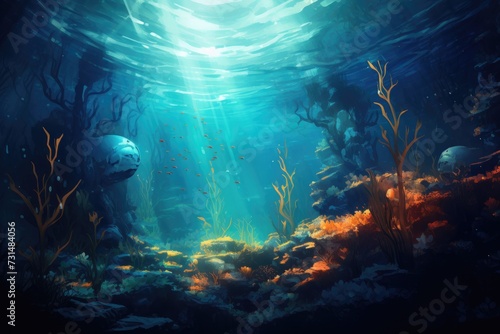 A peaceful underwater scene with a single fish gracefully swimming in the sparkling water, Underwater scene using abstract elements, AI Generated © Iftikhar alam