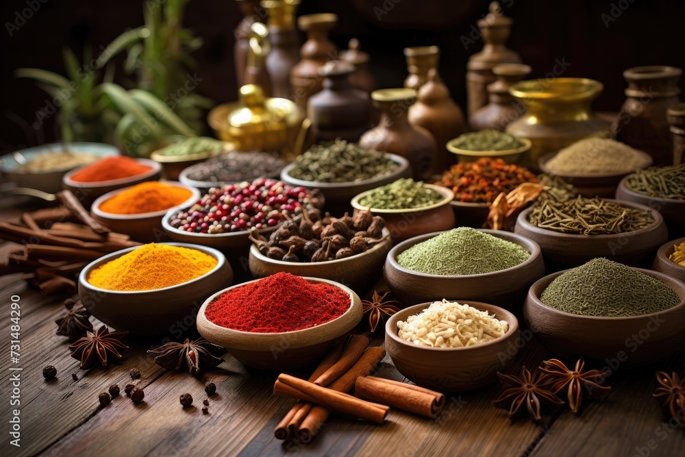 A table with bowls filled with various spices, creating an array of flavors and aromas, Variety of organic spices placed on rustic wooden table, AI Generated