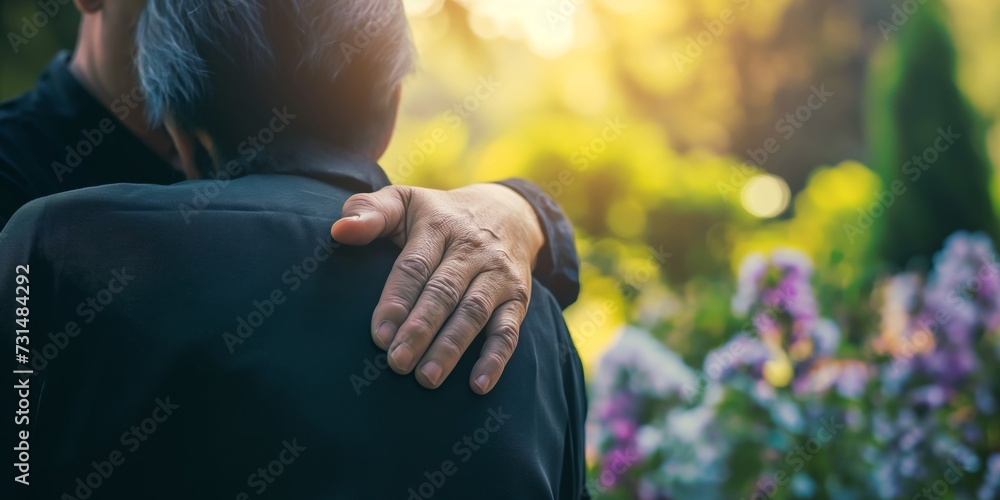 Funeral, support and people care for grief, mourning or depressed mother at burial ceremony, memorial service or cemetery. Hand, shoulder and man helping sad woman with love, advice or family comfort - obrazy, fototapety, plakaty 
