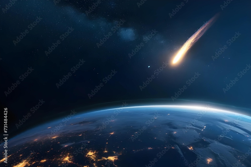 Witness this atmospheric stock image capturing a comet passing Earth, its glowing tail brightly illuminating the night sky, symbolizing cosmic events.