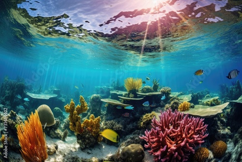 Discover the captivating beauty of a coral reef as you dive into an underwater world teeming with vibrant marine life, Vibrant underwater scene with coral reef in the Caribbean, AI Generated