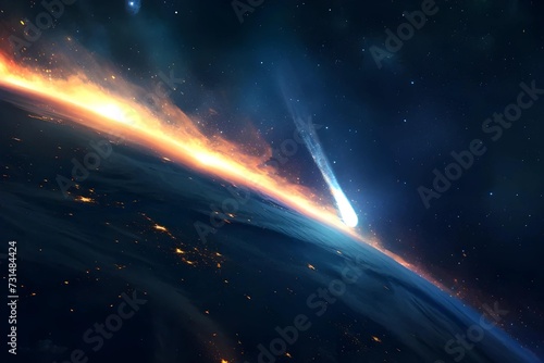 Witness this atmospheric stock image capturing a comet passing Earth  its glowing tail brightly illuminating the night sky  symbolizing cosmic events.