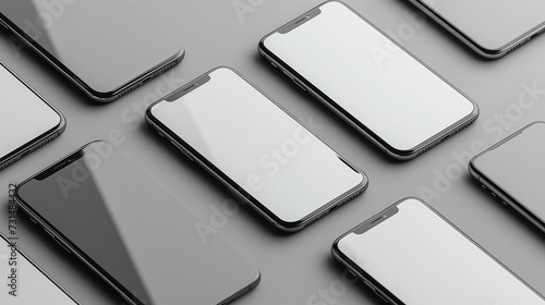 Array of Modern Smartphones with Blank Screens on Grey Background: Sleek Mobile Phone Mockup for Branding, App Display, and Technology Presentation Concept