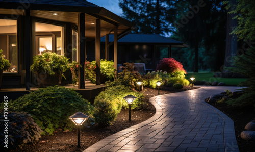 Evening View of a Beautifully Lit Garden Path Leading to a Cozy House, Landscape Lighting Enhancing Home Curb Appeal and Safety photo