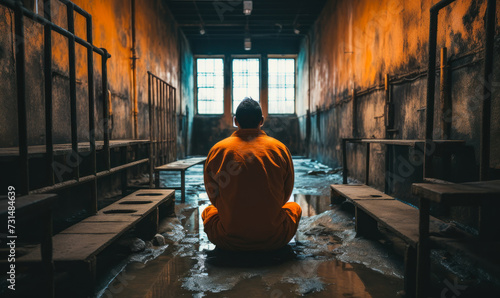 Photographie Incarcerated person in orange jumpsuit sitting alone in a bleak prison cell, gaz