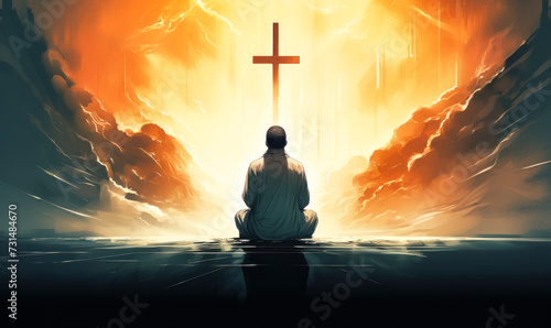 Silhouette of a man kneeling in prayer before a glowing cross, surrounded by ethereal light and abstract elements, depicting faith, worship, and spirituality