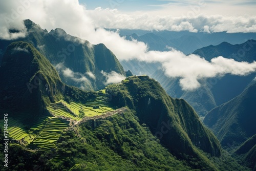 This stunning aerial photograph captures a spectacular cloud-covered mountain range in all its majestic beauty  View from the top of Machu Picchu  Peru  AI Generated