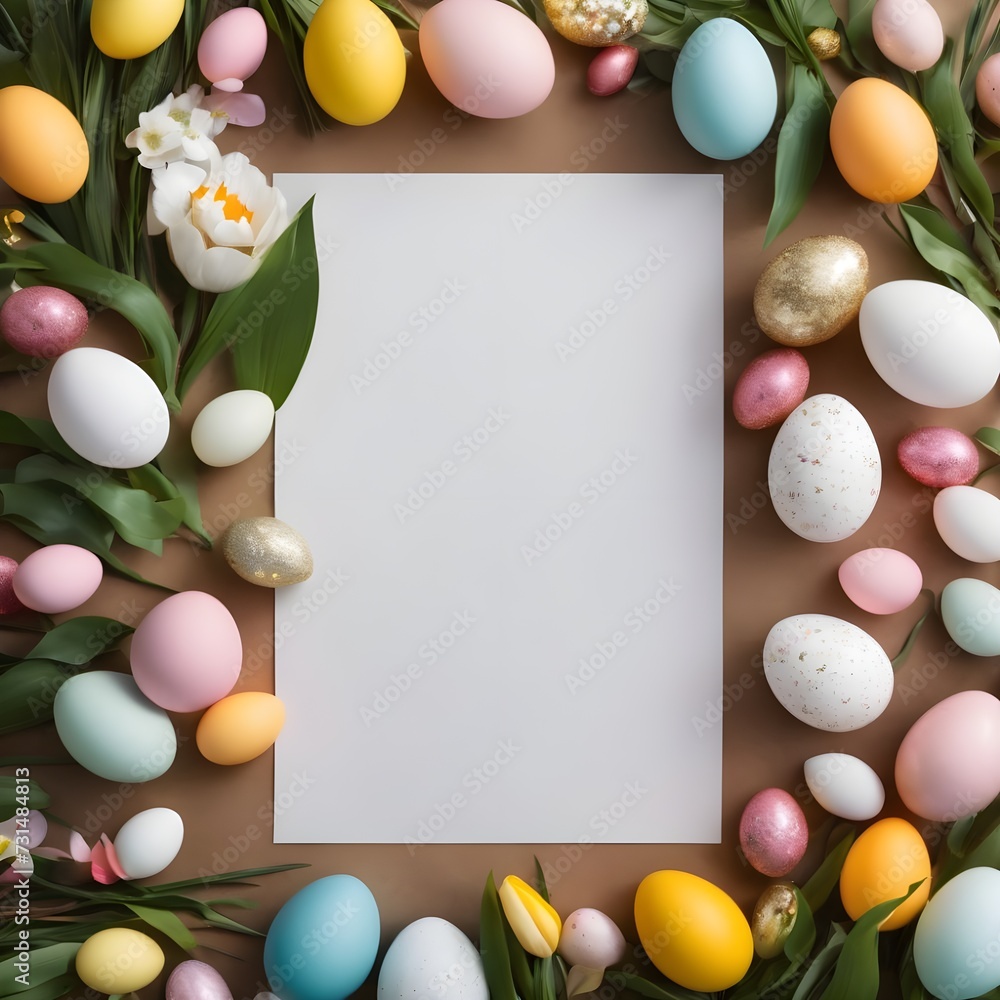 Creative easter flat lay with white paper blank Creative easter flat lay with white paper blank