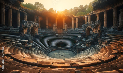 Ancient Roman amphitheater ruins bathed in soft sunlight, showcasing historical architecture and the cultural legacy of classical antiquity photo