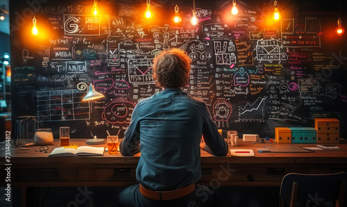 Focused individual brainstorming with colorful mind maps and complex formulas on a blackboard, in a dimly lit creative workspace, symbolizing deep thought and innovation photo