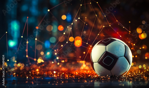 Soccer ball on the field with dynamic digital graphs, showcasing the integration of sports analytics and online betting in the world of soccer