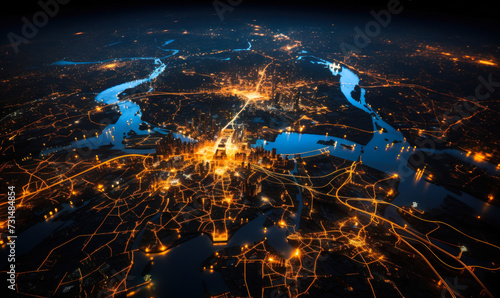 Aerial view of a city at night showcasing the intricate network of illuminated streets and highways, embodying the pulsating life of urban infrastructure