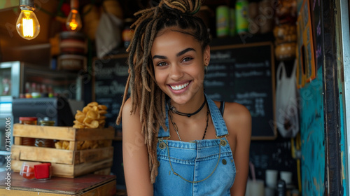 Beautiful African American young woman buying fast food at the food truck on the street. Generative Ai