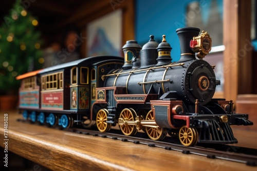 An image of a toy train beautifully resting on top of a sturdy wooden table, ready to be played with or admired, Vintage model train displayed on a wooden table, AI Generated