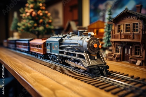 A toy train on a track with a festive Christmas tree in the background, Vintage model train displayed on a wooden table, AI Generated