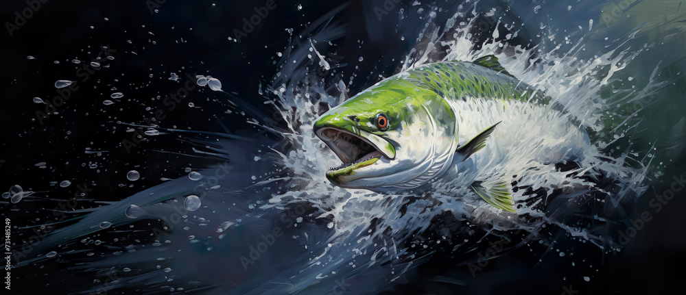 Abstract color splash illustration art of tuna fish jumping with sea wave in the style acrylic painting background.for animal inspiration concepts and design ideas - obrazy, fototapety, plakaty 
