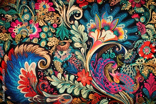 A lively and captivating painting featuring an array of vibrant flowers and delicately painted leaves, Vintage tapestry pattern turned abstract, AI Generated