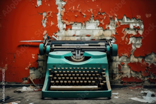 Green Typewriter in Front of Red Wall, Vintage Writing Tool Against a Vibrant Background, Vintage typewriter against a graffiti wall backdrop, AI Generated