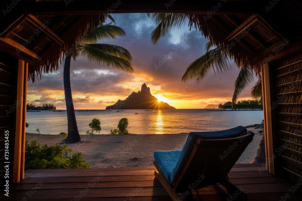 A chair sits effortlessly on top of a wooden deck, blending simplicity and functionality seamlessly, Watching the sunset from a beach cabana in Bora Bora, AI Generated