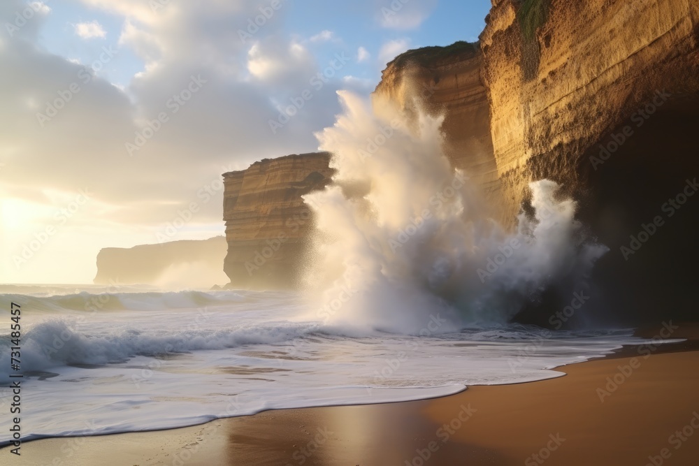 Massive Wave Crashing Dramatically Onto Shore of Serene Beach, Watching the waves crash against cliffs of the Great Ocean Road, Australia, AI Generated