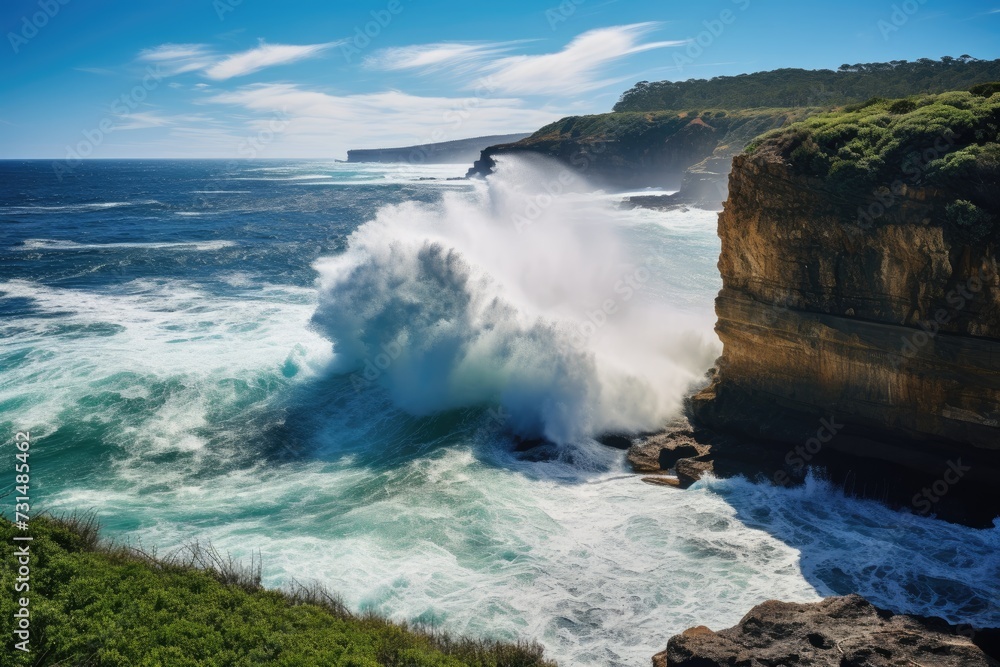 Witness the power of nature as a colossal wave dramatically crashes into a breathtaking cliff near the ocean, Watching the waves crash against cliffs of the Great Ocean Road, Australia, AI Generated