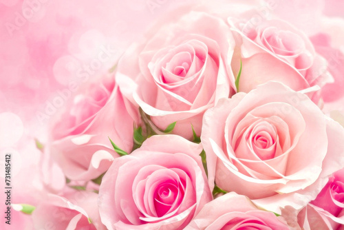 Delicate Pink Roses Flower on light blurred background. Beautiful pink roses bouquet  close up. Springtime concept. Valentine s Day  Women s Day  Mother s Day