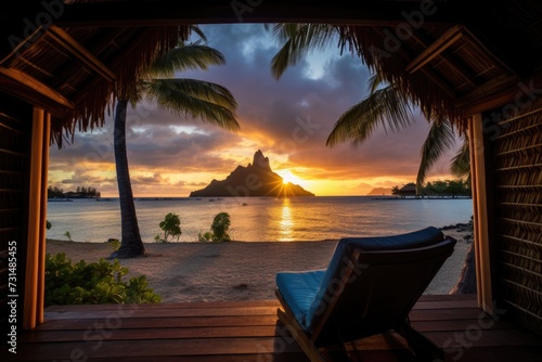 A chair sits effortlessly on top of a wooden deck, blending simplicity and functionality seamlessly, Watching the sunset from a beach cabana in Bora Bora, AI Generated © Iftikhar alam