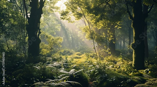 Mystical Forest Landscape with Sunbeams Piercing Through Trees and Lush Greenery