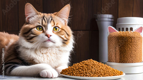 Cat eat food. The food is in a plate. Cute Cat eating dry food at home kitchen. Pensive cat with a bowl of cat food