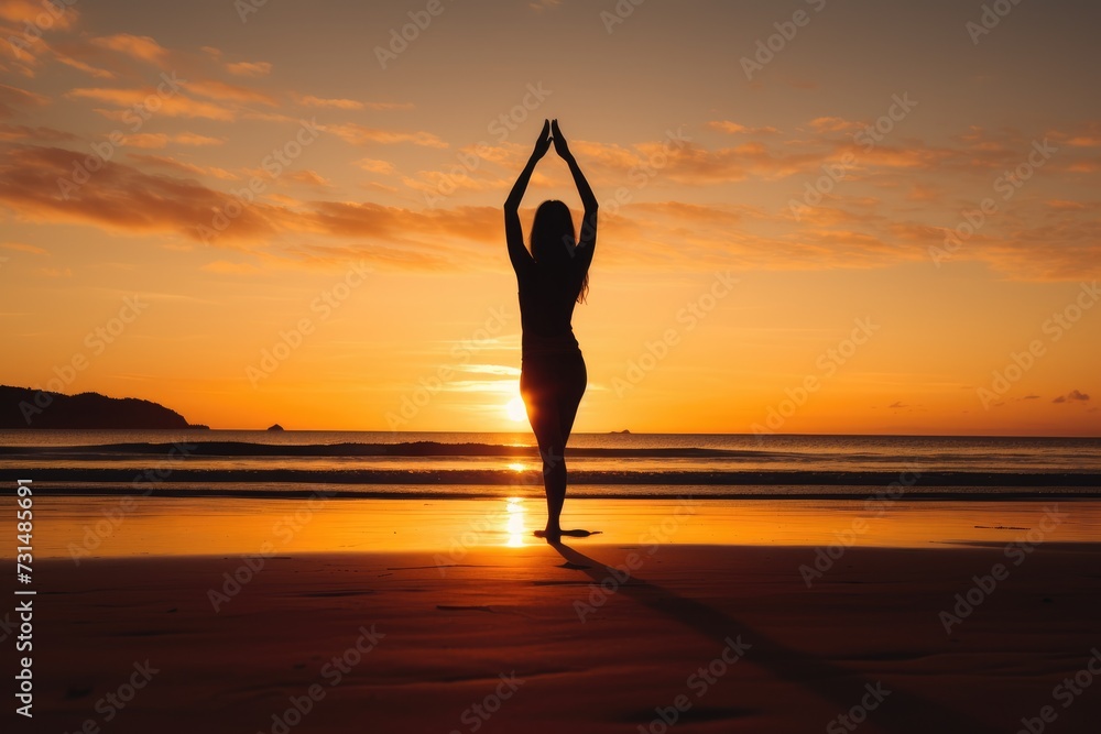 A woman gracefully performs yoga poses on a picturesque beach as the sun sets, Woman doing yoga in the beach at sunrise, AI Generated
