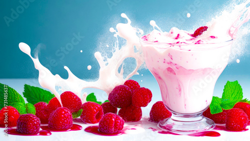 Fresh raw red raspberries with natural creamy yogurt. Summer milk dessert. Raspberry splash. food levitation