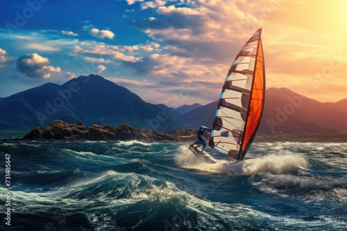 A person skillfully rides a sail board on the surface of a serene body of water, Windsurfer gliding on the beautiful blue sea, AI Generated