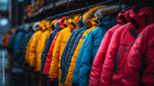 Colorful clothes on hangers, Selective blur on high visibility safety coats and jackets, personal protective equipments, for sale outside, Ai generated image