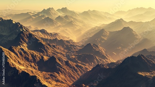 Golden Hour Mountain Landscape: Majestic Peaks Bathed in Warm Light with Layered Mountain Ranges in the Background