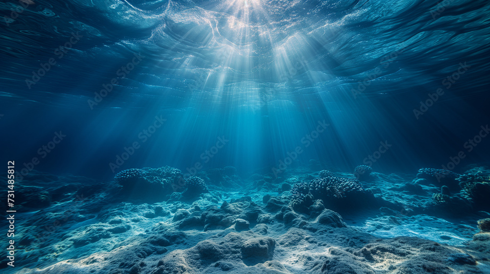 Underwater view of a reef, Underwater shot with sunrays in deep blue tropical sea, Abstract image of Tropical underwater dark blue deep ocean wide nature background, Ai generated image