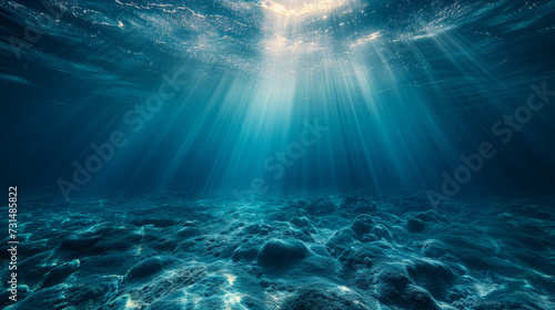 Underwater scene with rays of light, Underwater shot with sunrays in deep blue tropical sea, Abstract image of Tropical underwater dark blue deep ocean wide nature background, Ai generated image photo