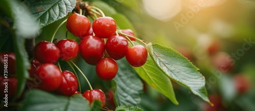 A cluster of seedless cherries, a type of fruit, hanging from a branch of a terrestrial plant. Cherries are natural foods, often used in produce and known as a staple food.