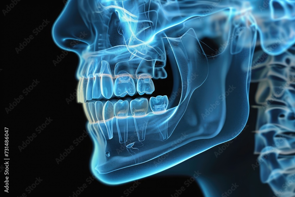 This x-ray image shows a clear view of a human mouth and teeth, 3D face X-ray showing the human mandible and maxilla, AI Generated This x-ray image shows a clear view of a human mouth and teeth, 3D face X-ray showing the human mandible and maxilla, AI Generated