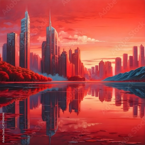 In a vividly surreal composition, a utopian cityscape of tall, luminescent buildings gleams against a blood-red sky, mirroring in a still, crystalline lake. Generative AI © Borys