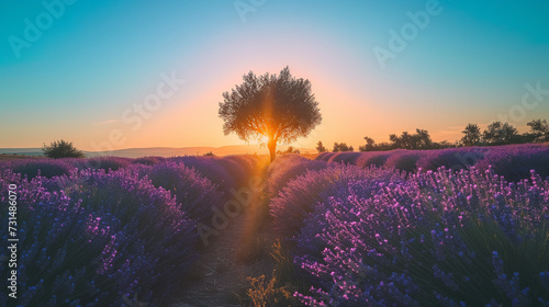 Sunset Over Lavender Fields  Breathtaking Landscape of Purple Lavender Rows with Golden Sunlight  Serene Nature Scenery for Relaxation and Agritourism Background