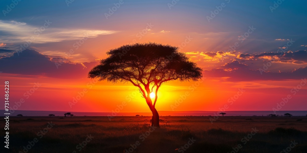 Panorama silhouette tree in Africa with sunset. Tree silhouetted against a setting sun. Dark tree on open field dramatic sunrise.Typical African sunset with acacia trees in Masai Mara, Kenya Panorama silhouette tree in Africa with sunset. Tree silhouetted against a setting sun. Dark tree on open field dramatic sunrise.Typical African sunset with acacia trees in Masai Mara, Kenya