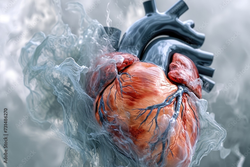 Obraz premium A heart shape made of some material floating in a body of water with a lot of water surrounding it, 3D visualization of a heart, AI Generated
